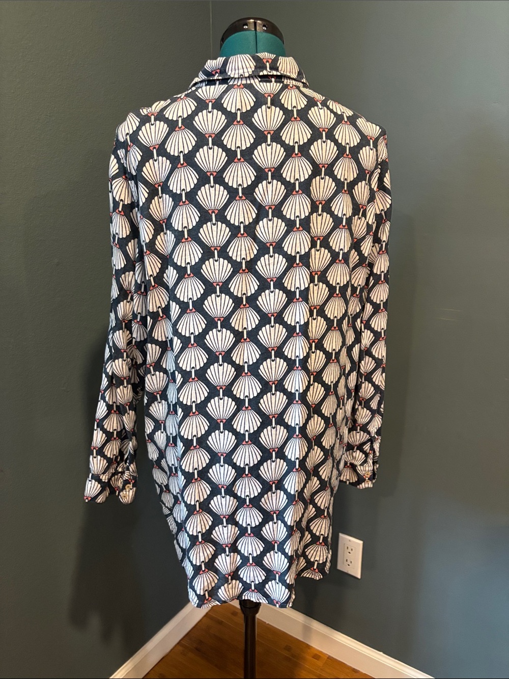 Martha Stewart Navy Button-Down Shirt with White Shell Motif and Red Dot Accents - Picture 4 of 7